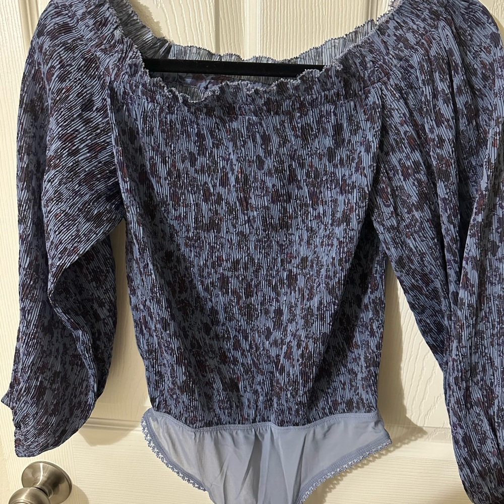 Free People Blue Puff Sleeve Bodysuit with Asymmetrical Design